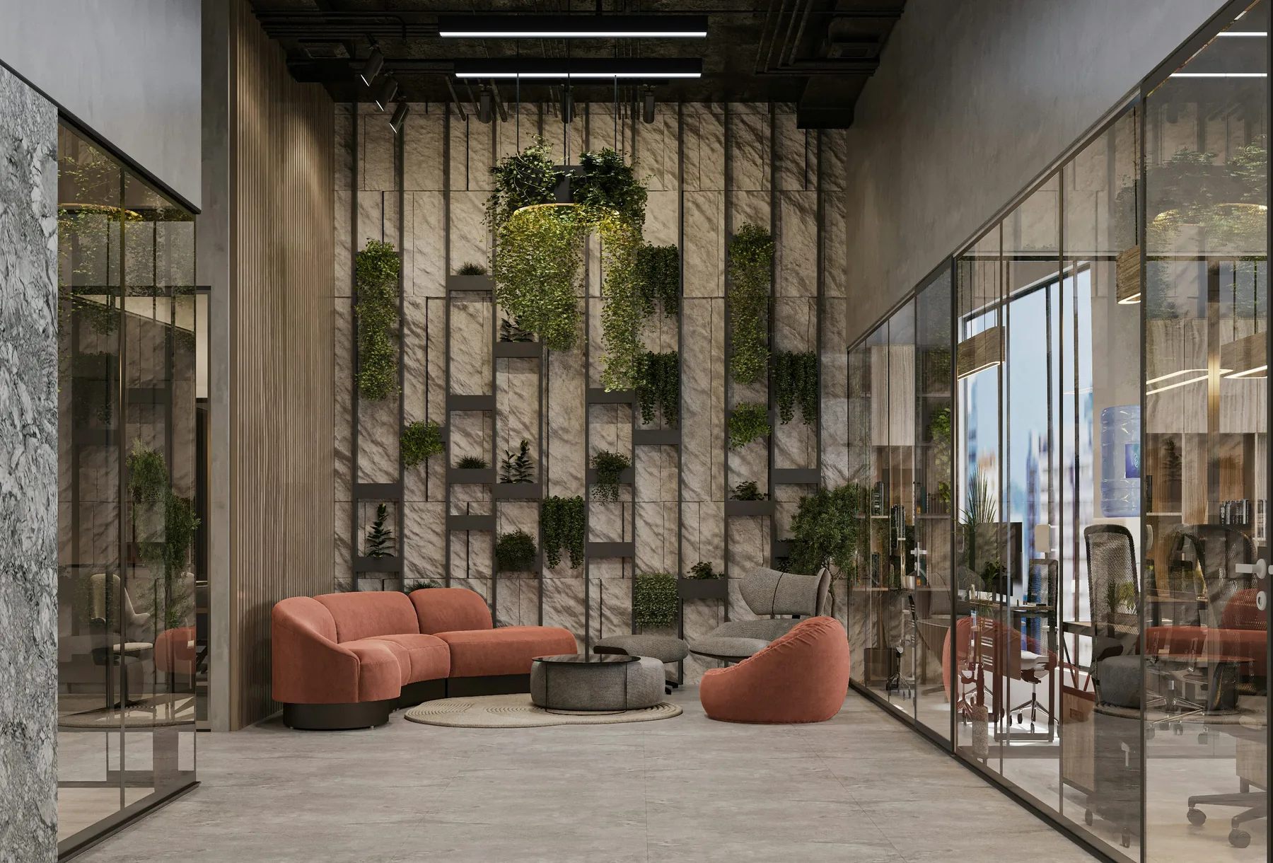Modern hospitality interior with glass, planting and seating, shown as reference imagery.