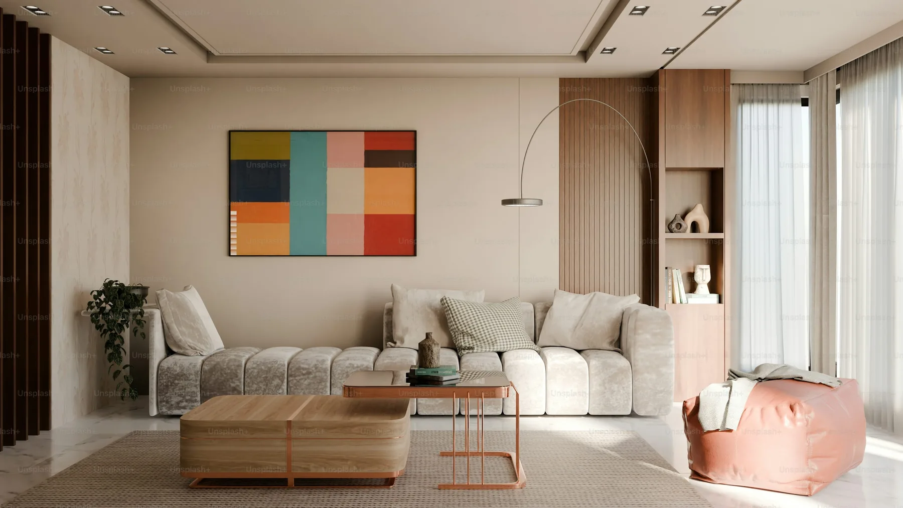 Warm contemporary living room with restrained finishes, presented as reference imagery.